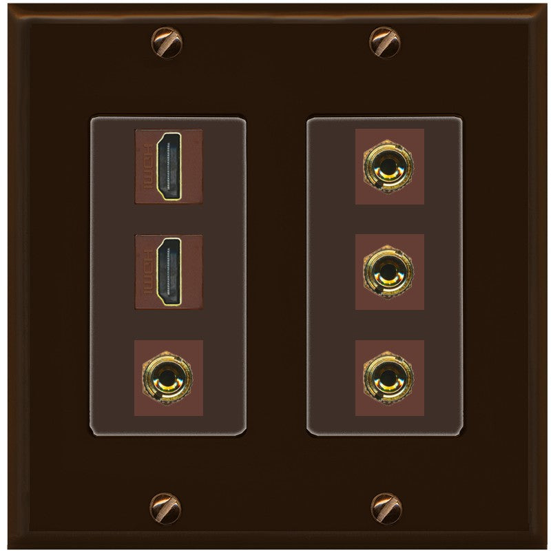RiteAV 2 Speaker 4 Banana Binding Post Wall Plate with 2 HDMI Jacks - 2 Gang [Brown/Brown]