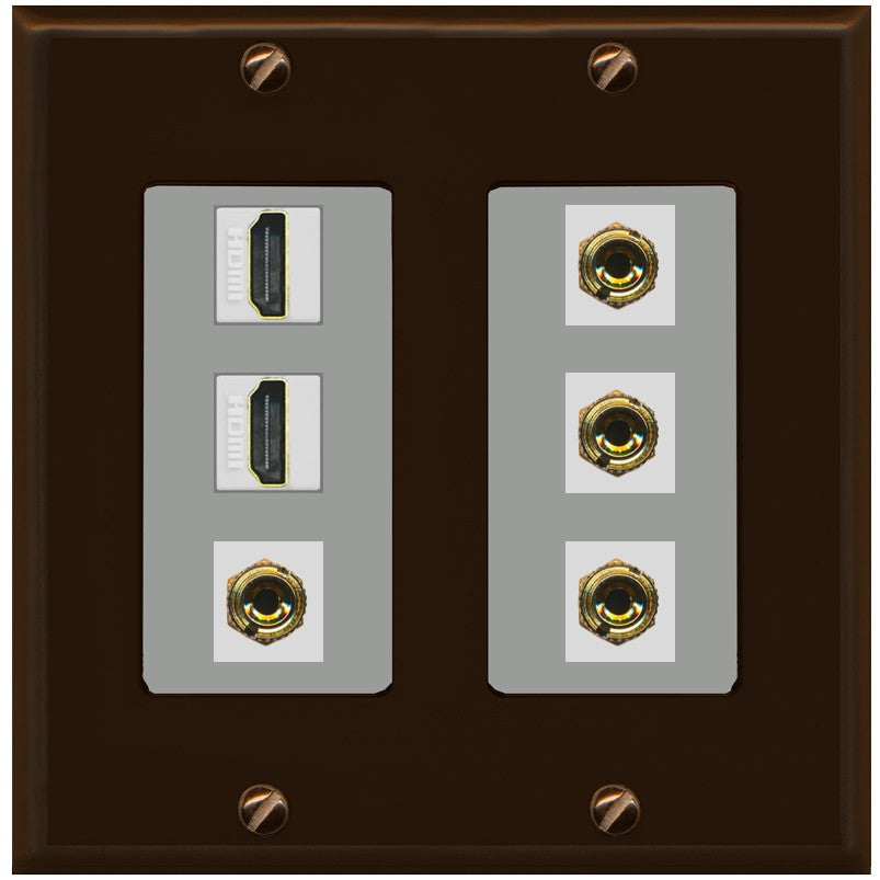 RiteAV 2 Speaker 4 Banana Binding Post Wall Plate with 2 HDMI Jacks - 2 Gang [Brown/Gray]