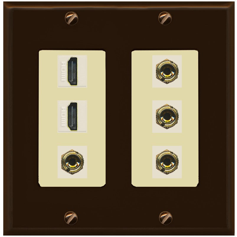 RiteAV 2 Speaker 4 Banana Binding Post Wall Plate with 2 HDMI Jacks - 2 Gang [Brown/Ivory]