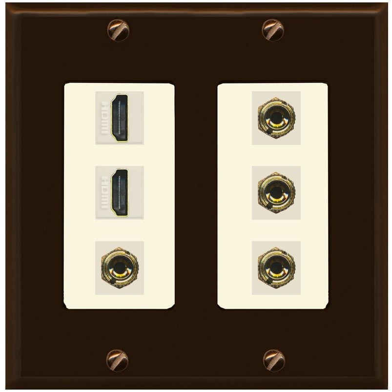 RiteAV 2 Speaker 4 Banana Binding Post Wall Plate with 2 HDMI Jacks - 2 Gang [Brown/Light-Almond]