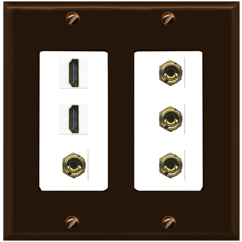 RiteAV 2 Speaker 4 Banana Binding Post Wall Plate with 2 HDMI Jacks - 2 Gang [Brown/White]