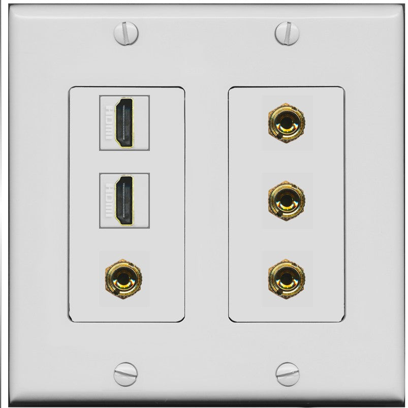 RiteAV 2 Speaker 4 Banana Binding Post Wall Plate with 2 HDMI Jacks - 2 Gang [Gray/Gray]