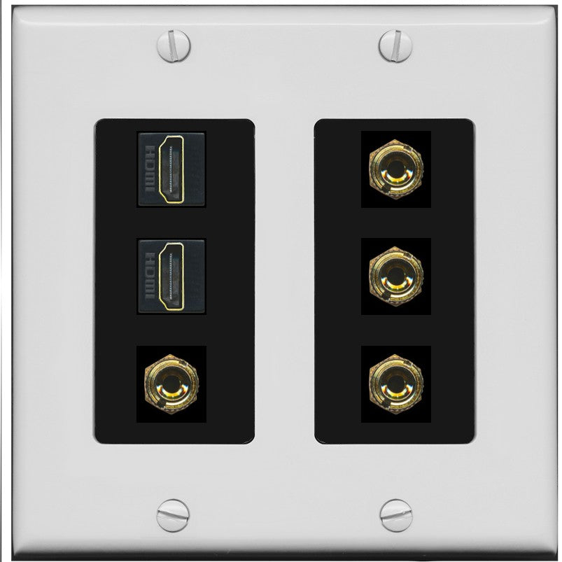 RiteAV 2 Speaker 4 Banana Binding Post Wall Plate with 2 HDMI Jacks - 2 Gang [Gray/Black]