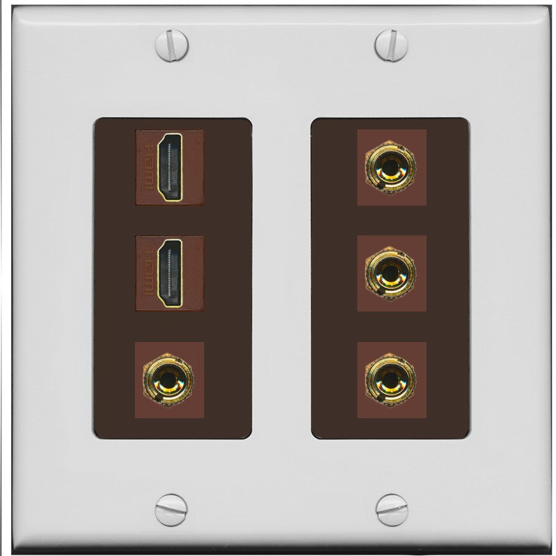 RiteAV 2 Speaker 4 Banana Binding Post Wall Plate with 2 HDMI Jacks - 2 Gang [Gray/Brown]