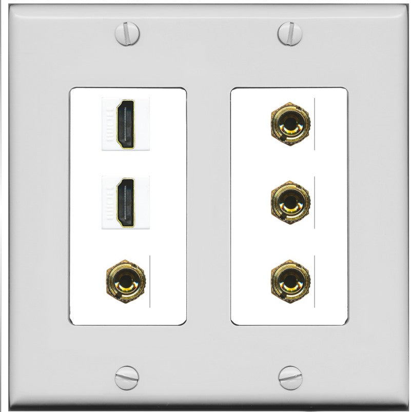 RiteAV 2 Speaker 4 Banana Binding Post Wall Plate with 2 HDMI Jacks - 2 Gang [Gray/White]