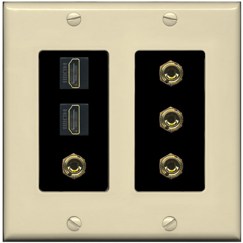 RiteAV 2 Speaker 4 Banana Binding Post Wall Plate with 2 HDMI Jacks - 2 Gang [Ivory/Black]