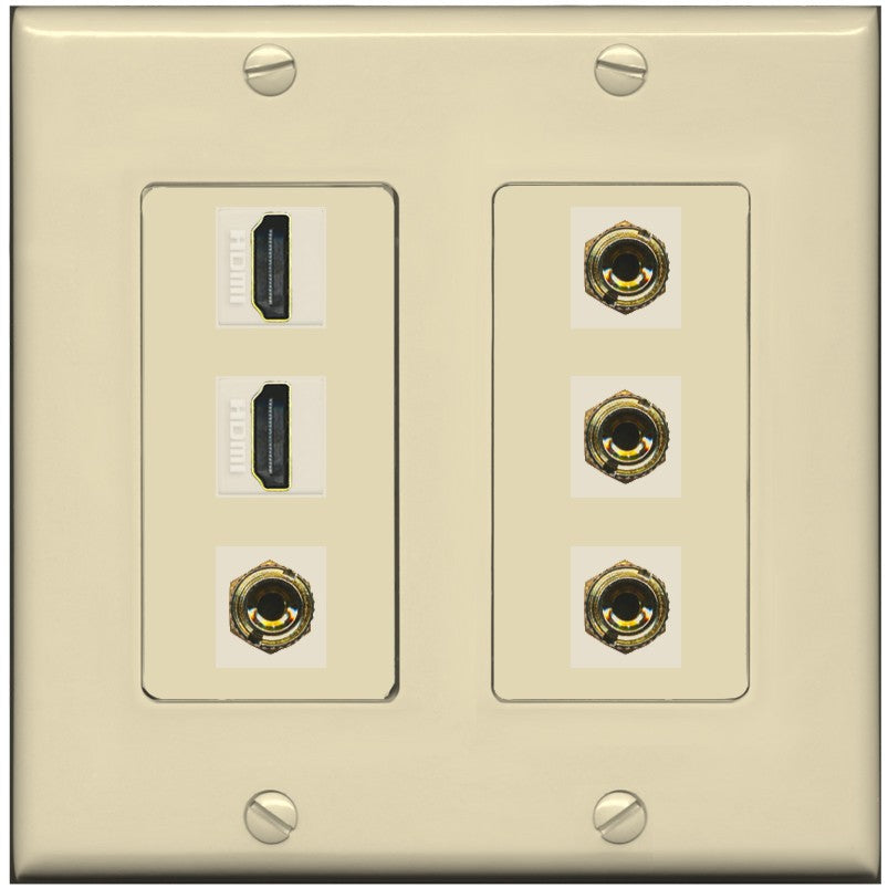RiteAV 2 Speaker 4 Banana Binding Post Wall Plate with 2 HDMI Jacks - 2 Gang [Ivory/Ivory]