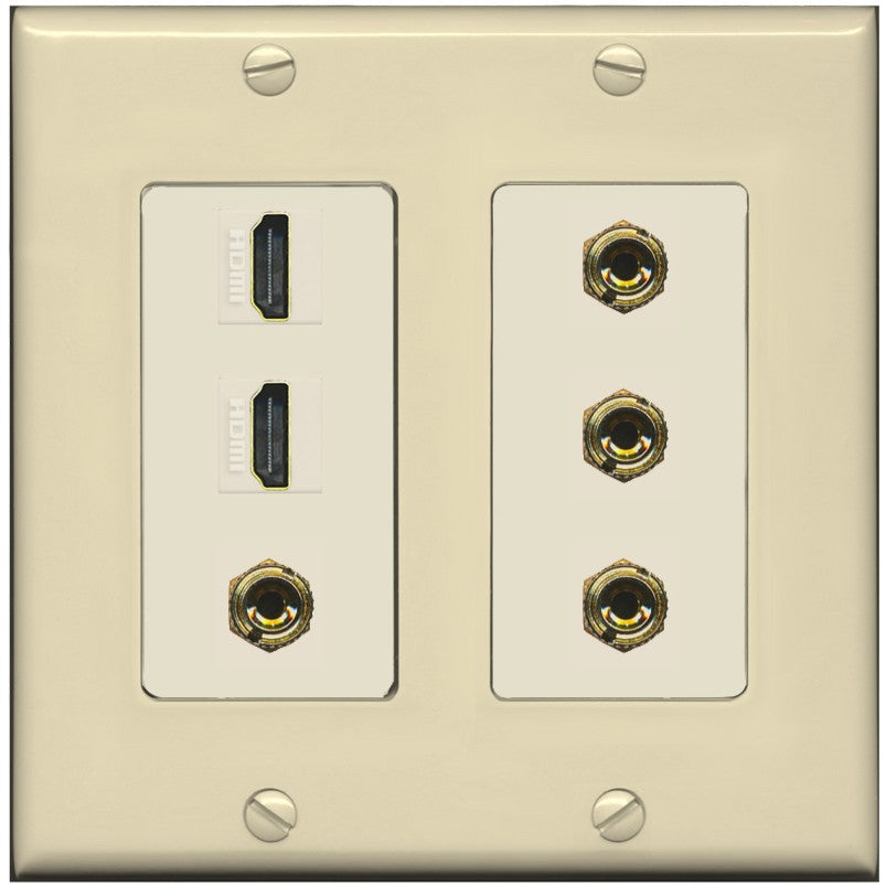 RiteAV 2 Speaker 4 Banana Binding Post Wall Plate with 2 HDMI Jacks - 2 Gang [Ivory/Light-Almond]