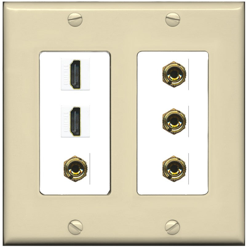 RiteAV 2 Speaker 4 Banana Binding Post Wall Plate with 2 HDMI Jacks - 2 Gang [Ivory/White]
