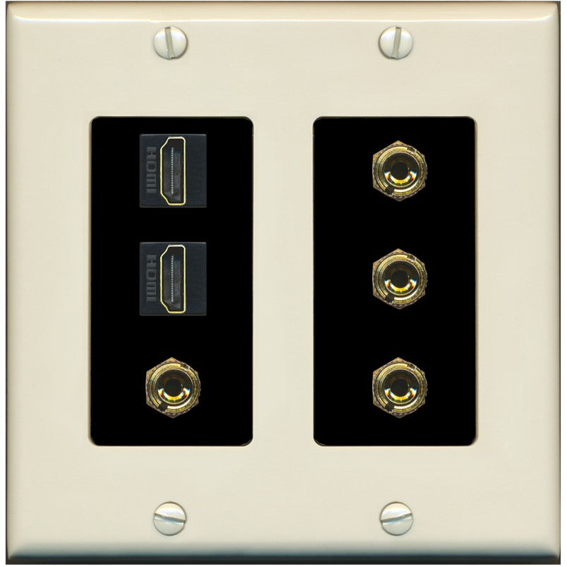 RiteAV 2 Speaker 4 Banana Binding Post Wall Plate with 2 HDMI Jacks - 2 Gang [Light-Almond/Black]