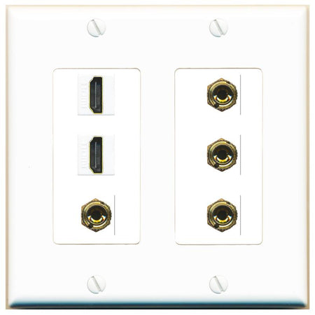 RiteAV 2 Speaker 4 Banana Binding Post Wall Plate with 2 HDMI Jacks - 2 Gang [White]