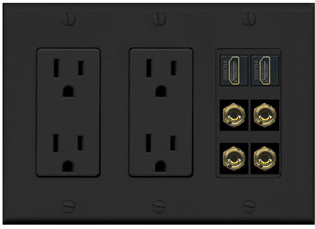 RiteAV 2 Speaker 4 Banana Binding Post Wall Plate with 2 HDMI Jacks - 2 Outlet [Black/Black]