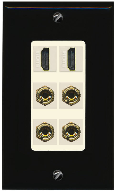 RiteAV 2 Speaker 4 Banana Binding Post Wall Plate with 2 HDMI Jacks - 1 Gang Decorative [Black/Light-Almond]
