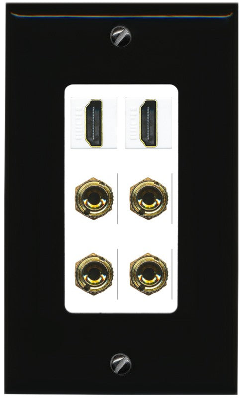 RiteAV 2 Speaker 4 Banana Binding Post Wall Plate with 2 HDMI Jacks - 1 Gang Decorative [Black/White]
