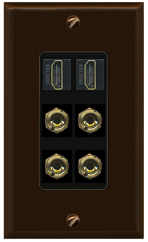 RiteAV 2 Speaker 4 Banana Binding Post Wall Plate with 2 HDMI Jacks - 1 Gang Decorative [Brown/Black]