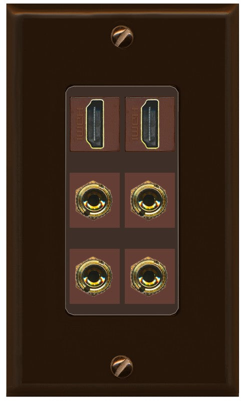 RiteAV 2 Speaker 4 Banana Binding Post Wall Plate with 2 HDMI Jacks - 1 Gang Decorative [Brown/Brown]