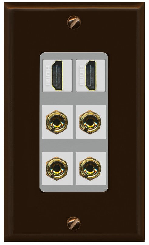 RiteAV 2 Speaker 4 Banana Binding Post Wall Plate with 2 HDMI Jacks - 1 Gang Decorative [Brown/Gray]