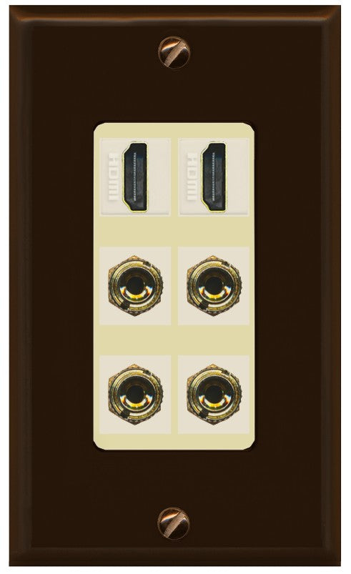 RiteAV 2 Speaker 4 Banana Binding Post Wall Plate with 2 HDMI Jacks - 1 Gang Decorative [Brown/Ivory]