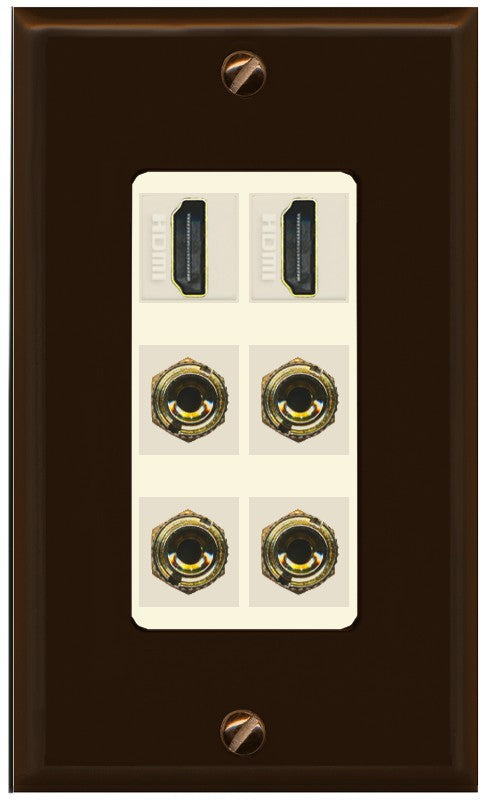RiteAV 2 Speaker 4 Banana Binding Post Wall Plate with 2 HDMI Jacks - 1 Gang Decorative [Brown/Light-Almond]