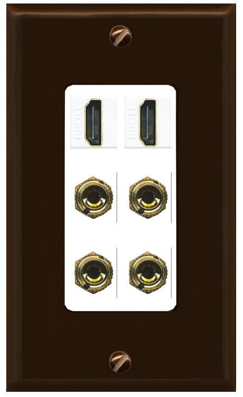 RiteAV 2 Speaker 4 Banana Binding Post Wall Plate with 2 HDMI Jacks - 1 Gang Decorative [Brown/White]