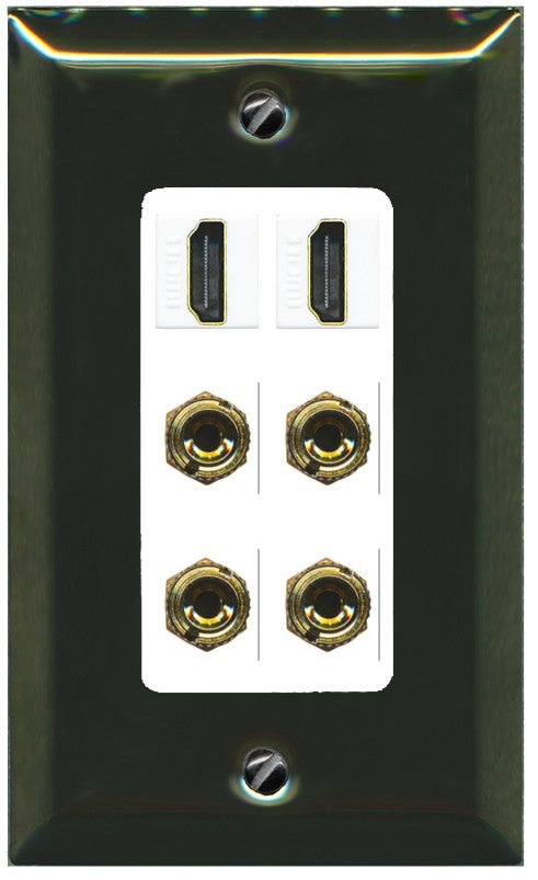 RiteAV 2 Speaker 4 Banana Binding Post Wall Plate with 2 HDMI Jacks - 1 Gang Decorative [Brass/White]