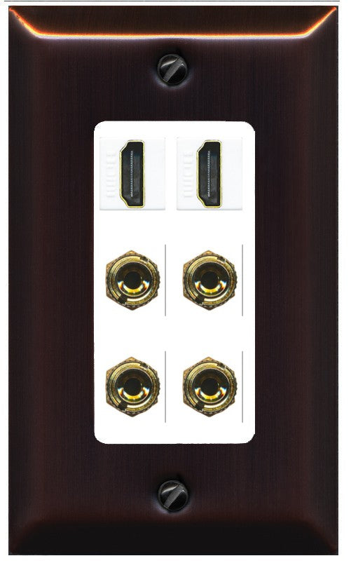 RiteAV 2 Speaker 4 Banana Binding Post Wall Plate with 2 HDMI Jacks - 1 Gang Decorative [Bronze/White]