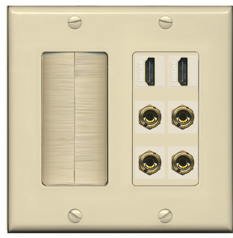 RiteAV 2 Speaker 4 Banana Binding Post Wall Plate with 2 HDMI Jacks - Brush [Ivory/Ivory]