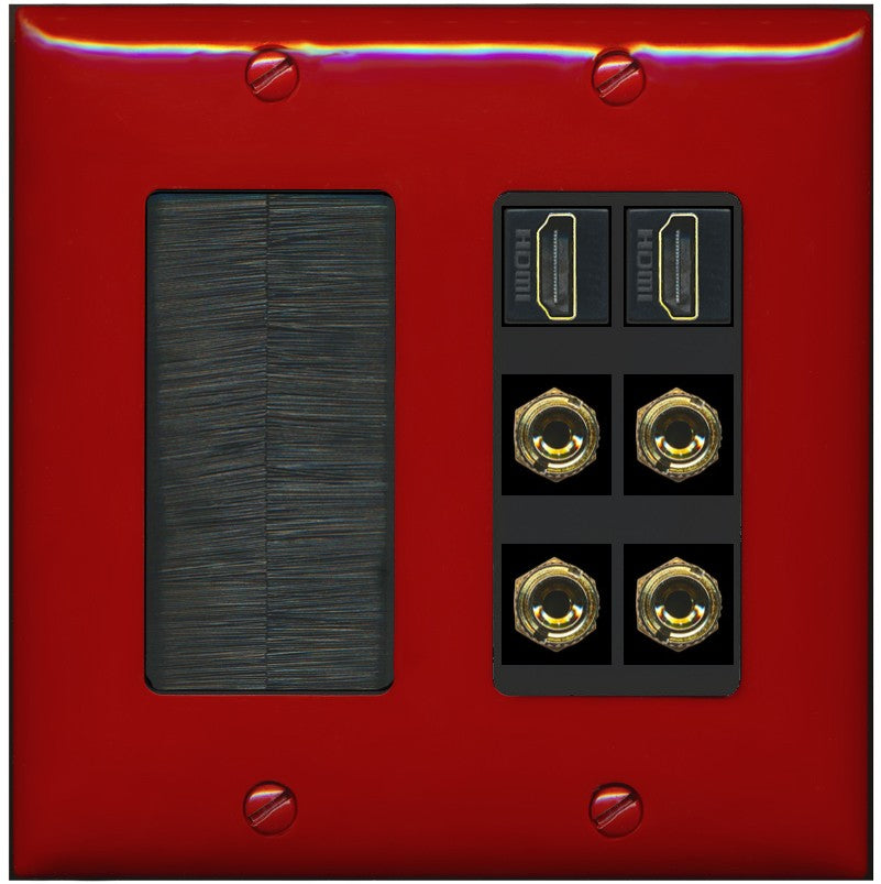 RiteAV 2 Speaker 4 Banana Binding Post Wall Plate with 2 HDMI Jacks - Brush [Red/Black]