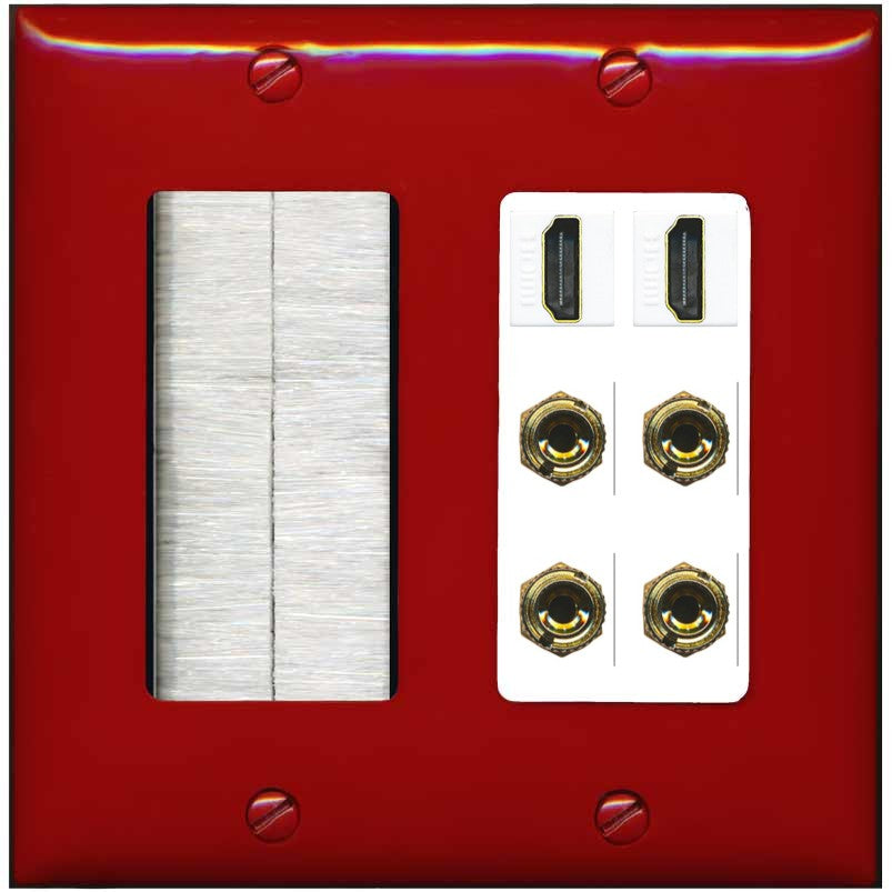 RiteAV 2 Speaker 4 Banana Binding Post Wall Plate with 2 HDMI Jacks - Brush [Red/White]