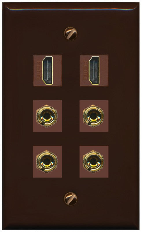 RiteAV 2 Speaker 4 Banana Binding Post Wall Plate with 2 HDMI Jacks - Flat Style [Brown/Brown]