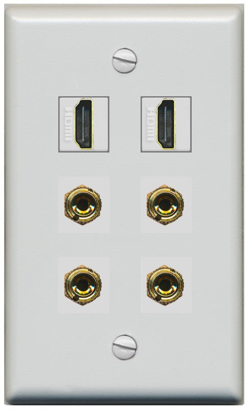 RiteAV 2 Speaker 4 Banana Binding Post Wall Plate with 2 HDMI Jacks - Flat Style [Gray/Gray]