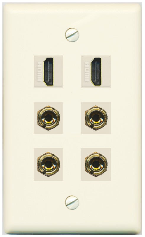 RiteAV 2 Speaker 4 Banana Binding Post Wall Plate with 2 HDMI Jacks - Flat Style [Light-Almond]