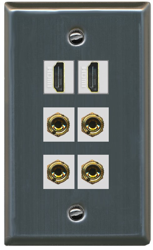 RiteAV 2 Speaker 4 Banana Binding Post Wall Plate with 2 HDMI Jacks - Flat Style [Stainless Steel]