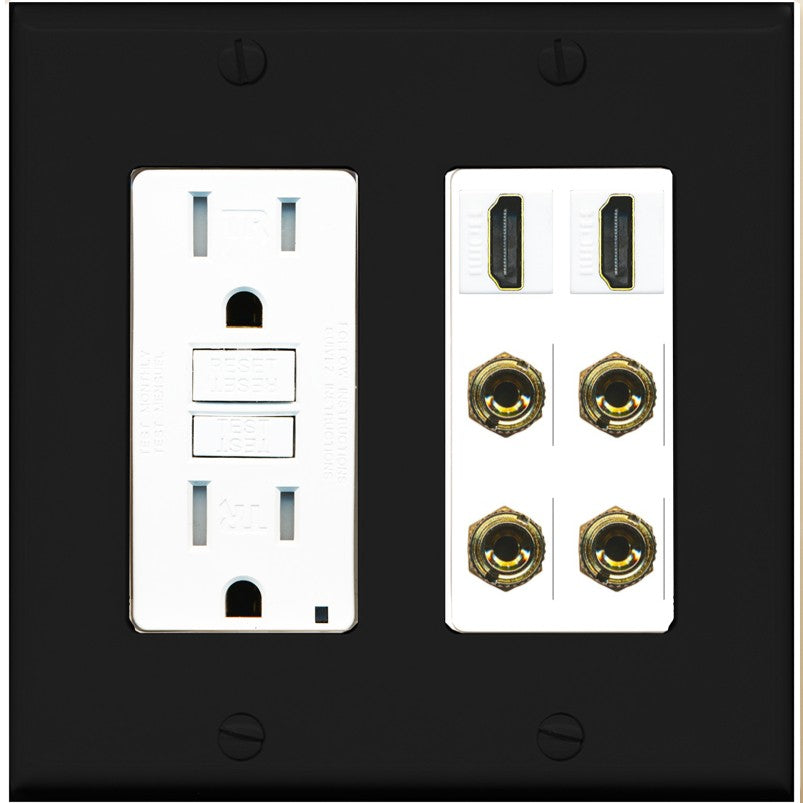 RiteAV 2 Speaker 4 Banana Binding Post Wall Plate with 2 HDMI Jacks - GFCI Outlet [Black/White]