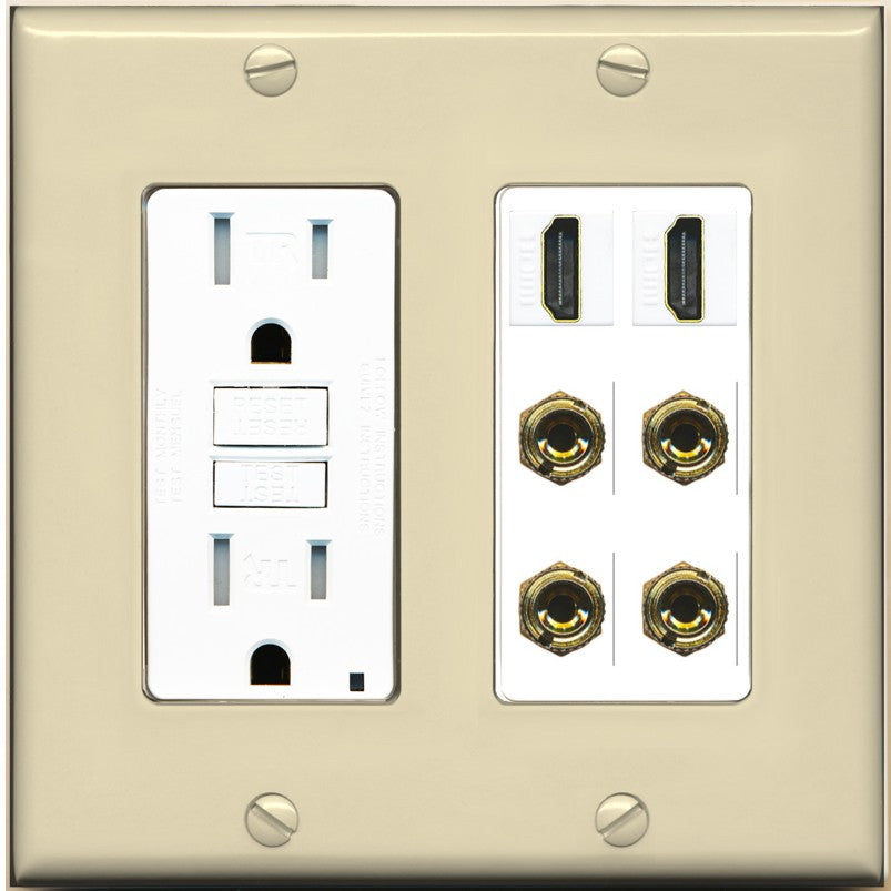 RiteAV 2 Speaker 4 Banana Binding Post Wall Plate with 2 HDMI Jacks - GFCI Outlet [Ivory/White]
