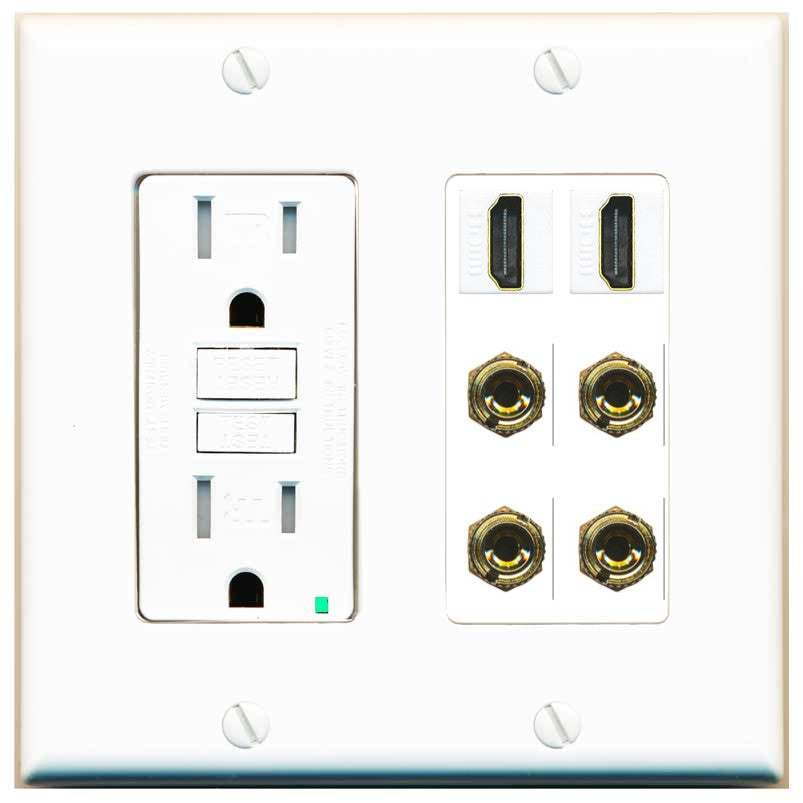 RiteAV 2 Speaker 4 Banana Binding Post Wall Plate with 2 HDMI Jacks - GFCI Outlet [White]