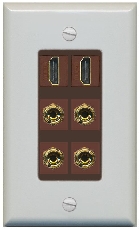 RiteAV 2 Speaker 4 Banana Binding Post Wall Plate with 2 HDMI Jacks - 1 Gang Decorative [Gray/Brown]