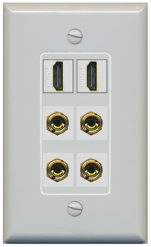 RiteAV 2 Speaker 4 Banana Binding Post Wall Plate with 2 HDMI Jacks - 1 Gang Decorative [Gray/Gray]