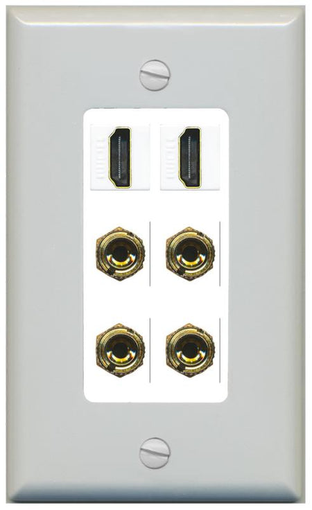 RiteAV 2 Speaker 4 Banana Binding Post Wall Plate with 2 HDMI Jacks - 1 Gang [Gray/White]