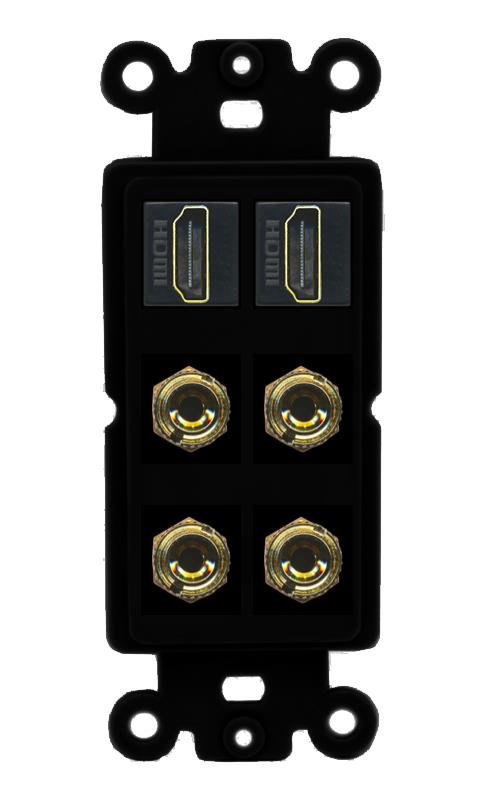 RiteAV 2 Speaker 4 Banana Binding Post Wall Plate with 2 HDMI Jacks - Rocker [Black/Black]