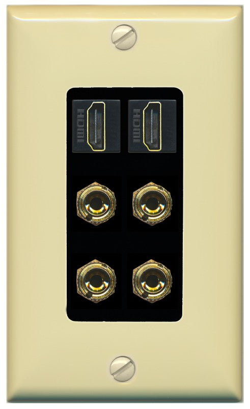 RiteAV 2 Speaker 4 Banana Binding Post Wall Plate with 2 HDMI Jacks - 1 Gang Decorative [Ivory/Black]