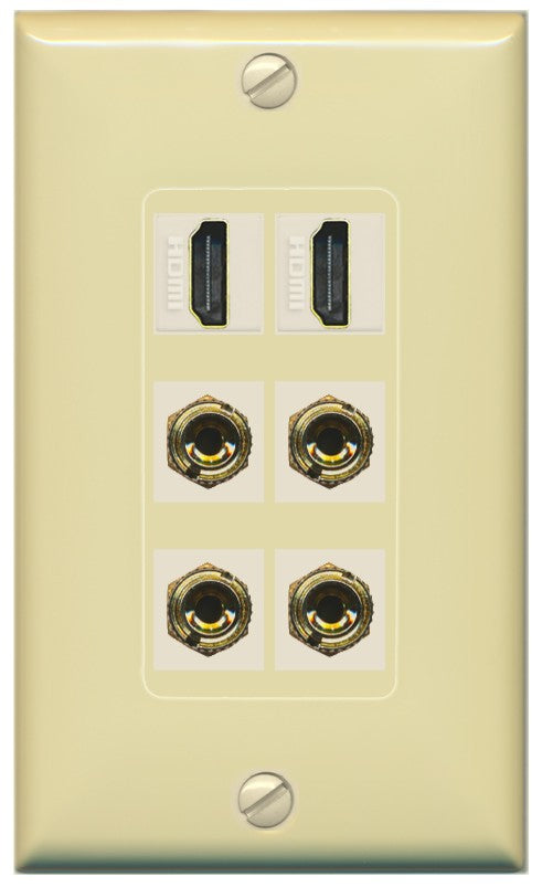 RiteAV 2 Speaker 4 Banana Binding Post Wall Plate with 2 HDMI Jacks - 1 Gang Decorative [Ivory/Ivory]