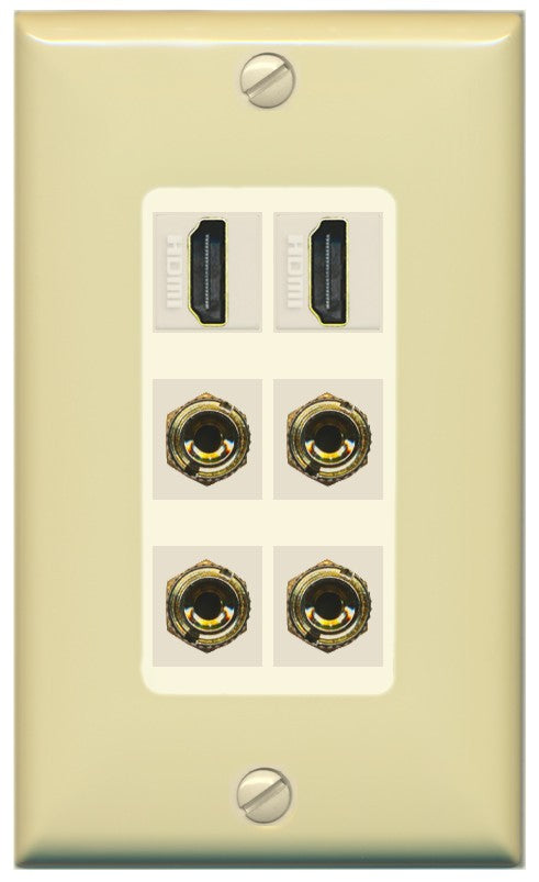 RiteAV 2 Speaker 4 Banana Binding Post Wall Plate with 2 HDMI Jacks - 1 Gang Decorative [Ivory/Light-Almond]