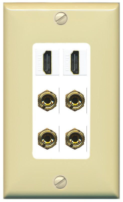 RiteAV 2 Speaker 4 Banana Binding Post Wall Plate with 2 HDMI Jacks - 1 Gang Decorative [Ivory/White]