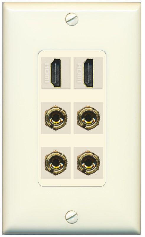 RiteAV 2 Speaker 4 Banana Binding Post Wall Plate with 2 HDMI Jacks - 1 Gang Decorative [Light-Almond]