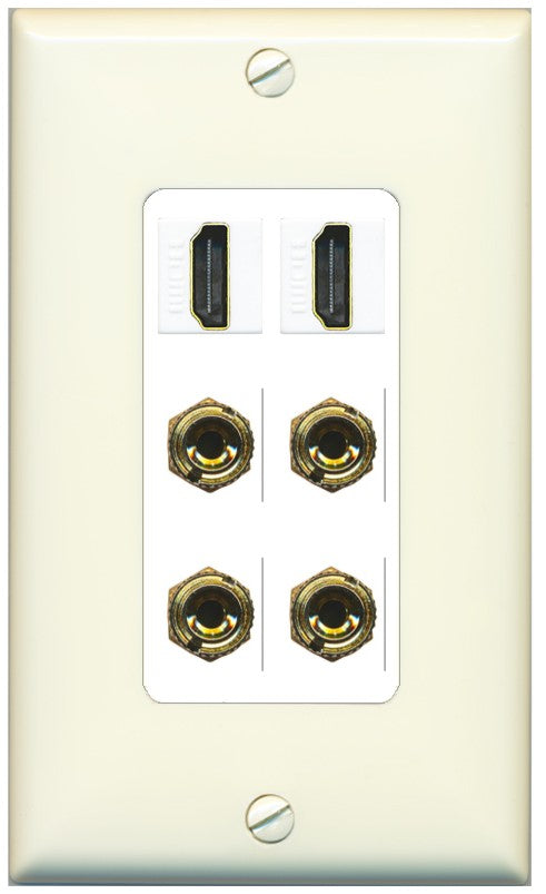 RiteAV 2 Speaker 4 Banana Binding Post Wall Plate with 2 HDMI Jacks - 1 Gang Decorative [Light-Almond/White]