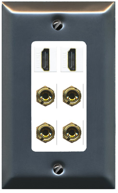 RiteAV 2 Speaker 4 Banana Binding Post Wall Plate with 2 HDMI Jacks - 1 Gang Decorative [Brushed-Nickel/White]