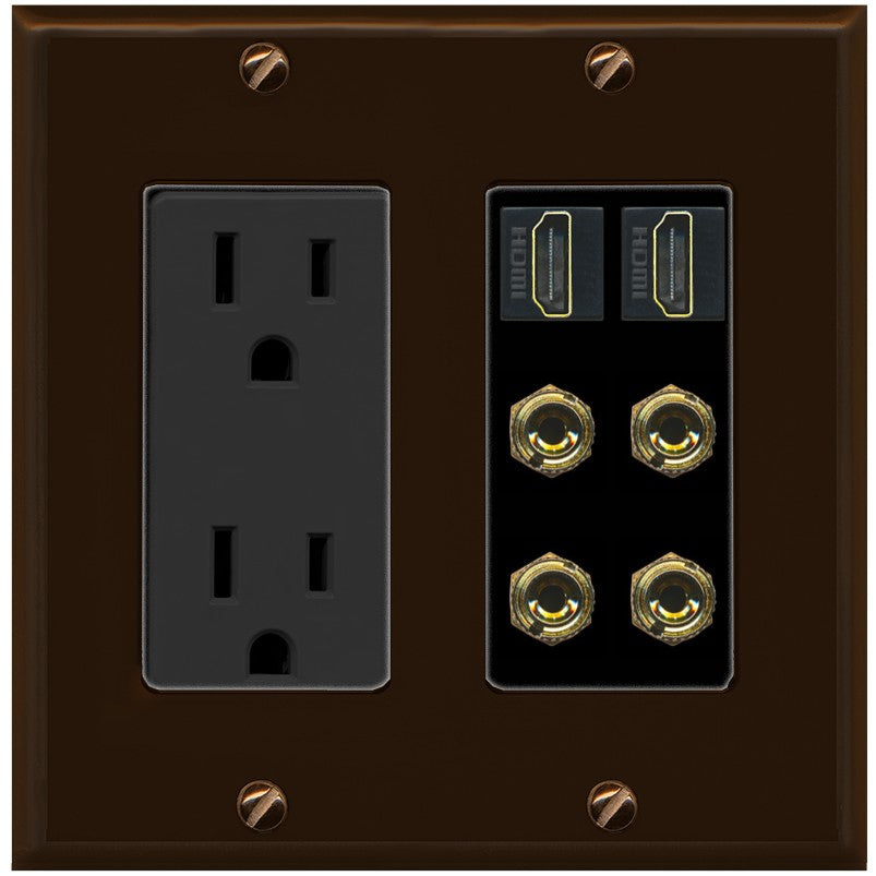 RiteAV 2 Speaker 4 Banana Binding Post Wall Plate with 2 HDMI Jacks - Outlet [Brown/Black]
