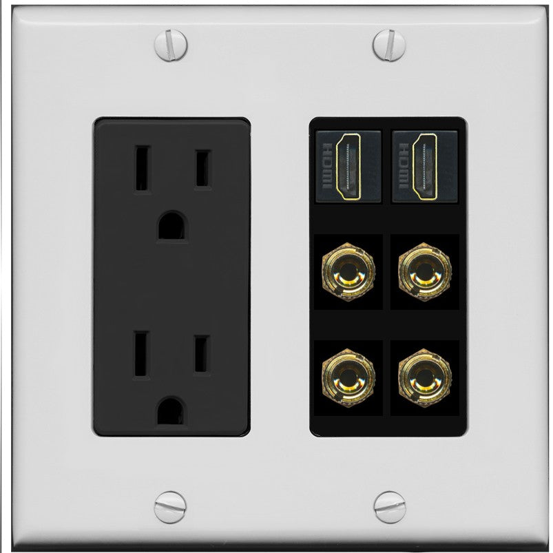 RiteAV 2 Speaker 4 Banana Binding Post Wall Plate with 2 HDMI Jacks - Outlet [Gray/Black]