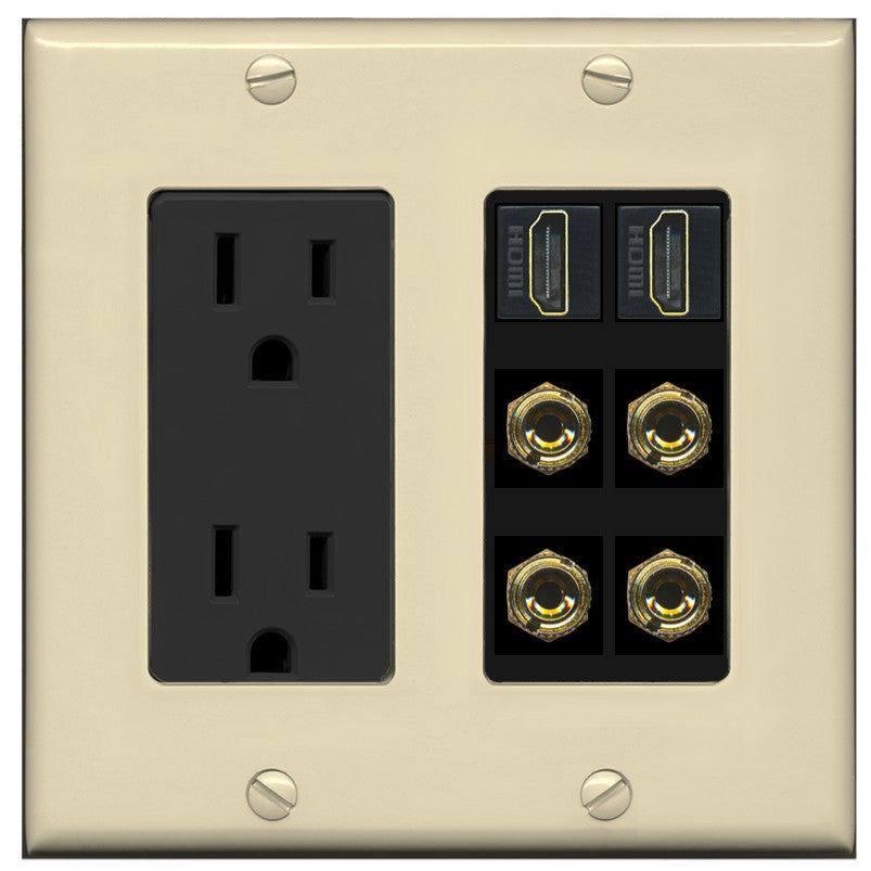 RiteAV 2 Speaker 4 Banana Binding Post Wall Plate with 2 HDMI Jacks - Outlet [Ivory/Black]